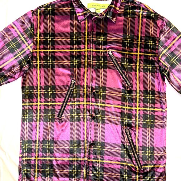 URBAN OUTFITTERS | NWOT | Plaid Zipper Long Sleeve Velour Button-Down Shirt - Picture 8 of 10